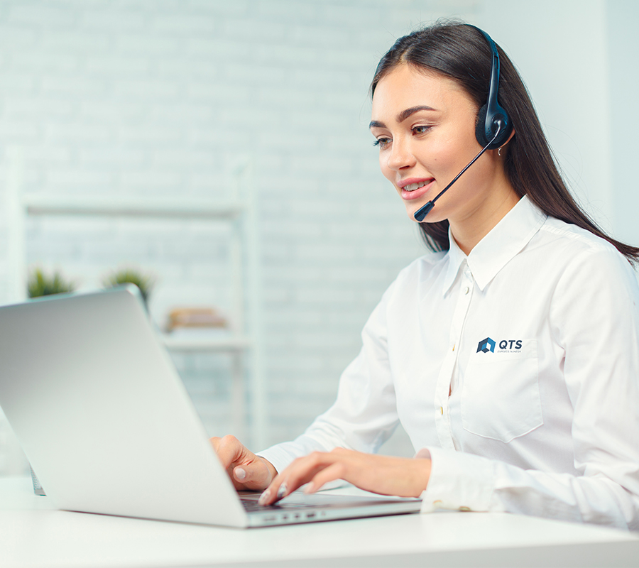 Lady on headset with logo